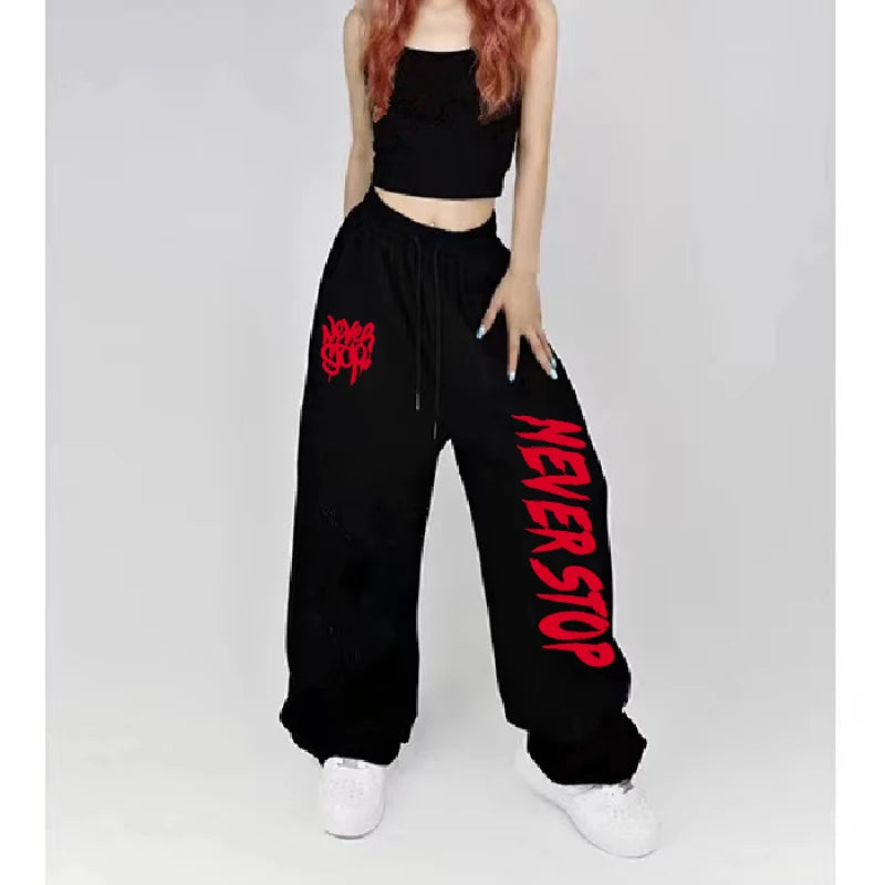 Black White Drawstring Design Sweatpants Women Street Dance Hip-Hop Sports Pants for Women New Summer All-Match Long Pants Woman