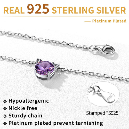 Cute Cat Necklace Sterling Silver Birthstone Pendant Necklace for Women Dainty Jewelry Valentines Day Gifts for Cat Lovers Wife Sister Mom